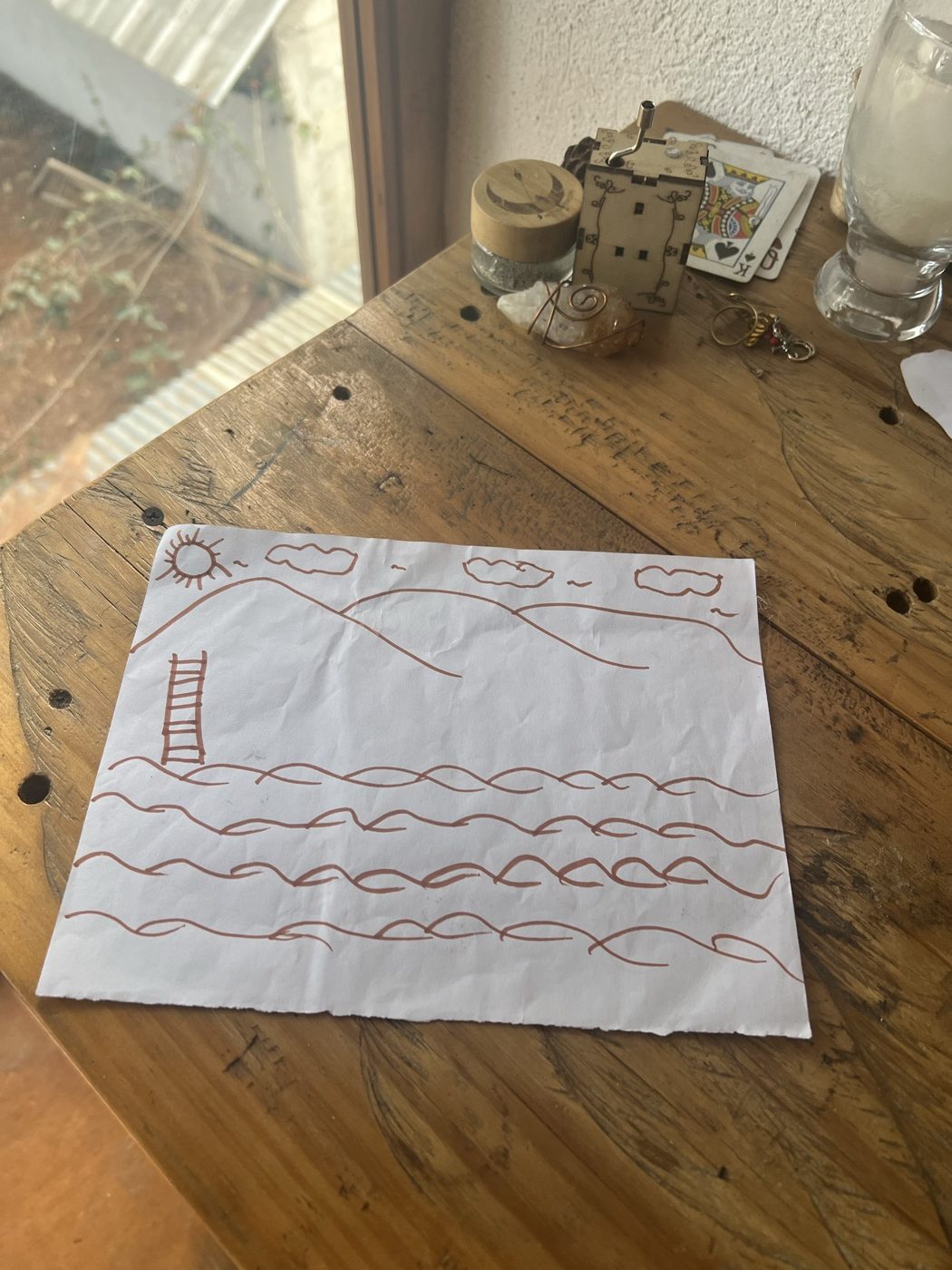 A child's drawing of the lake, sun and mountains